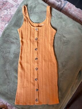 aerie Ribbed Button-Front Midi Dress in Mustard